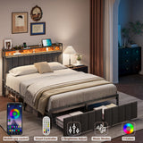 Darrahopens Furniture > Bedroom > Beds & Bed Frames Double Bed Frame with 2 Storage Drawers and LED Lights Headboard, Upholstered Bed Frame with Charging Station, No Box Spring Needed, Easy Assembly - Grey