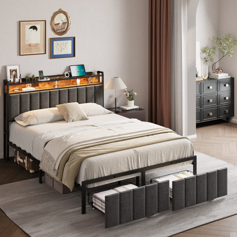Darrahopens Furniture > Bedroom > Beds & Bed Frames Double Bed Frame with 2 Storage Drawers and LED Lights Headboard, Upholstered Bed Frame with Charging Station, No Box Spring Needed, Easy Assembly - Grey