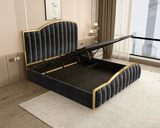 Darrahopens Furniture > Bedroom > Beds & Bed Frames Elegant King Bedframe Charcoal Velvet Fabric with Gas Lift Storage and Golden Trim