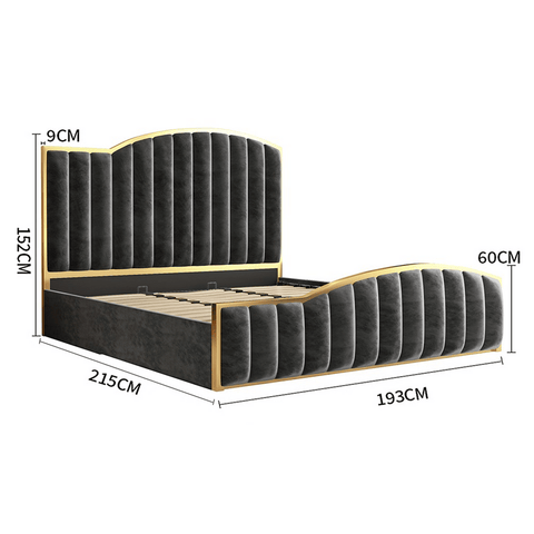 Darrahopens Furniture > Bedroom > Beds & Bed Frames Elegant King Bedframe Charcoal Velvet Fabric with Gas Lift Storage and Golden Trim