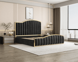Darrahopens Furniture > Bedroom > Beds & Bed Frames Elegant King Bedframe Charcoal Velvet Fabric with Gas Lift Storage and Golden Trim