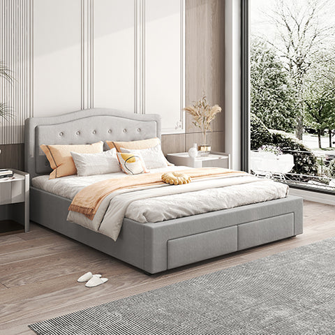 Darrahopens Furniture > Bedroom > Beds & Bed Frames Emily Bed Frame Queen Size Velvet Fabric Grey Four MDF Drawers with Wheels