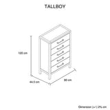 Darrahopens Furniture > Bedroom > Beds & Bed Frames Natural Timber Look Tallboy with 5 Spacious Drawers In Australia - Darrahopens
