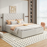 Darrahopens Furniture > Bedroom > Beds & Bed Frames Veronica Bed Frame Double Size Winged Grey Linen Fabric Seam Grid Pattern with gas lift plywood metal structure