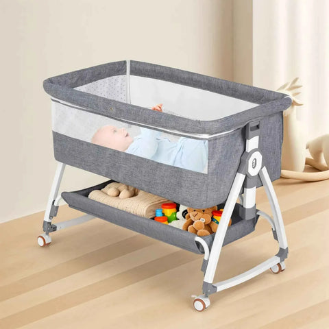 Darrahopens Furniture > Bedroom > Bedside Tables 3-in-1 Adjustable Height Baby Bassinet Crib with Mosquito Net and Storage Basket in Grey In Australia - Darrahopens