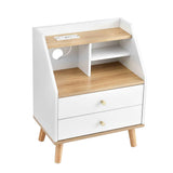 Darrahopens Furniture > Bedroom > Bedside Tables Artiss Bedside Table 2 Drawers Charging Station White and Pine