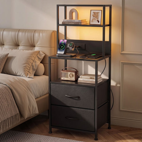 Darrahopens Furniture > Bedroom > Bedside Tables Artiss Bedside Table Tall Nightstand with Charging Station Drawers LED Black