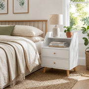 Darrahopens Furniture > Bedroom > Bedside Tables Warm White Bedside Table Nightstand Wooden Legs Two Drawers Open Storage In Australia - Darrahopens