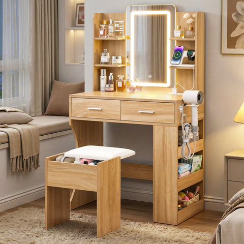 Darrahopens Furniture > Bedroom > Dressing Vanity & Dressing Tables Artiss Dressing Table LED Vanity Desk Set Stool Wood