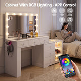 Darrahopens Furniture > Bedroom > Dressing Vanity & Dressing Tables Artiss Dressing Table Mirror Charging Station Glass Top Makeup Vanity Desk RGB Cabinet Storage Drawers Hairdryer Holder White In Australia - Darrahopens