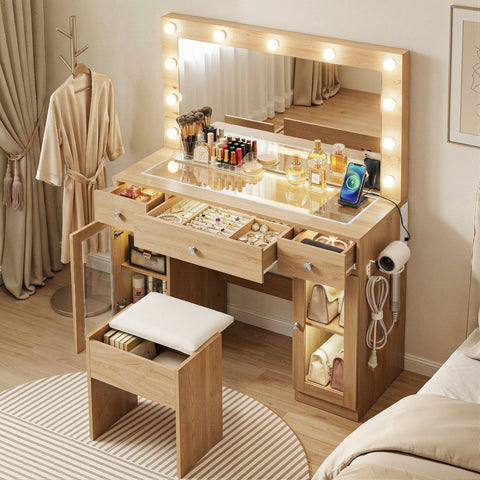 Darrahopens Furniture > Bedroom > Dressing Vanity & Dressing Tables Artiss Dressing Table Vanity Desk Set LED Bulbs RGB Light Wood