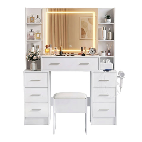 Darrahopens Furniture > Bedroom > Dressing Vanity & Dressing Tables Artiss Dressing Table Vanity Desk Set Stool LED Charging Station White