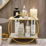 Darrahopens Furniture > Bedroom > Dressing Vanity & Dressing Tables Elegant Golden Two-Tier Metal Cosmetic Organizer Stand - Luxury Countertop Makeup and Skincare Storage Shelf, Ideal for Bathroom Vanity, Home Decor, Dressing Table Accessories, and Perfume Storage
