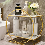 Darrahopens Furniture > Bedroom > Dressing Vanity & Dressing Tables Elegant Golden Two-Tier Metal Cosmetic Organizer Stand - Luxury Countertop Makeup and Skincare Storage Shelf, Ideal for Bathroom Vanity, Home Decor, Dressing Table Accessories, and Perfume Storage