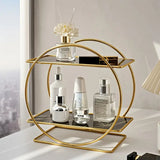 Darrahopens Furniture > Bedroom > Dressing Vanity & Dressing Tables Elegant Golden Two-Tier Metal Cosmetic Organizer Stand - Luxury Countertop Makeup and Skincare Storage Shelf, Ideal for Bathroom Vanity, Home Decor, Dressing Table Accessories, and Perfume Storage