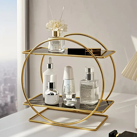 Darrahopens Furniture > Bedroom > Dressing Vanity & Dressing Tables Elegant Golden Two-Tier Metal Cosmetic Organizer Stand - Luxury Countertop Makeup and Skincare Storage Shelf, Ideal for Bathroom Vanity, Home Decor, Dressing Table Accessories, and Perfume Storage