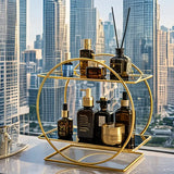 Darrahopens Furniture > Bedroom > Dressing Vanity & Dressing Tables Elegant Golden Two-Tier Metal Cosmetic Organizer Stand - Luxury Countertop Makeup and Skincare Storage Shelf, Ideal for Bathroom Vanity, Home Decor, Dressing Table Accessories, and Perfume Storage