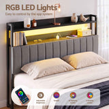 Artiss King Headboard Charging Station Storage LED Light Grey Upholstered In Australia - Darrahopens