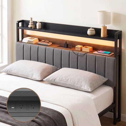 Artiss King Headboard Charging Station Storage LED Light Grey Upholstered In Australia - Darrahopens