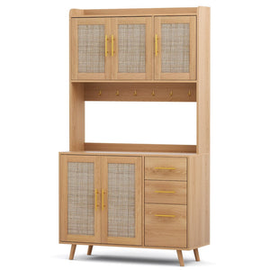 Darrahopens Furniture > Dining > Buffets & Sideboards Artiss Buffet Sideboard Hutch Storage Cabinet Kitchen Cupboard Hooks Rattan Pine