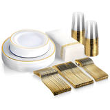 Darrahopens Furniture > Dining > Dining Set 175pcs Food-Grade Wedding Event Banquet Disposable Tableware Dinnerware Gold-Edged Plastic Cutlery Pack of 25 Dining Sets Plates Cutlery Napkins