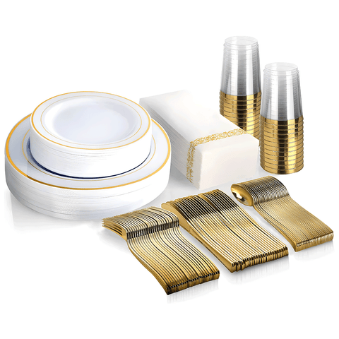 Darrahopens Furniture > Dining > Dining Set 175pcs Food-Grade Wedding Event Banquet Disposable Tableware Dinnerware Gold-Edged Plastic Cutlery Pack of 25 Dining Sets Plates Cutlery Napkins