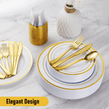 Darrahopens Furniture > Dining > Dining Set 175pcs Food-Grade Wedding Event Banquet Disposable Tableware Dinnerware Gold-Edged Plastic Cutlery Pack of 25 Dining Sets Plates Cutlery Napkins