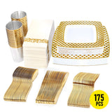 Darrahopens Furniture > Dining > Dining Set 175pcs Food-Grade Wedding Event Banquet Disposable Tableware Dinnerware Gold-Edged Plastic Cutlery Pack of 25 Dining Sets Square Plates Cutlery Napkins