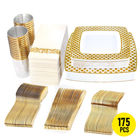 Darrahopens Furniture > Dining > Dining Set 175pcs Food-Grade Wedding Event Banquet Disposable Tableware Dinnerware Gold-Edged Plastic Cutlery Pack of 25 Dining Sets Square Plates Cutlery Napkins