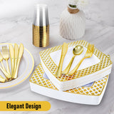 Darrahopens Furniture > Dining > Dining Set 175pcs Food-Grade Wedding Event Banquet Disposable Tableware Dinnerware Gold-Edged Plastic Cutlery Pack of 25 Dining Sets Square Plates Cutlery Napkins