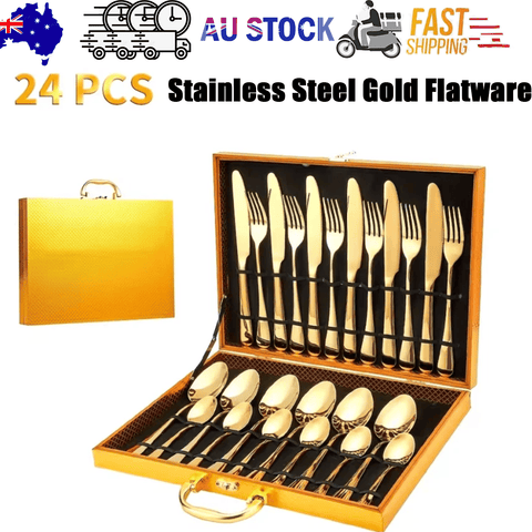 Darrahopens Furniture > Dining > Dining Set 24pc Elegant Stainless Steel Gold Flatware Set Classic Knife Fork Spoon Gift Set