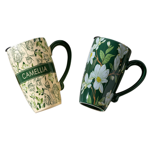 Darrahopens Furniture > Dining > Dining Set 2X High-Fired Ceramic Porcelain Mug with Travel Lid 600ml Vintage Floral GREEN