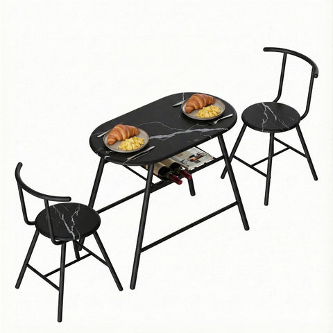 Darrahopens Furniture > Dining > Dining Set Artiss Dining Table Set 3PC Bistro Kitchen Storage Wine Rack Black Marble Style