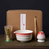 Darrahopens Furniture > Dining > Dining Set Red and white Complete Matcha Tea Ceremony Set - 4-Piece Japanese Traditional Whisk, Bowl, Whisk Holder & Scoop for Authentic Preparation at Home