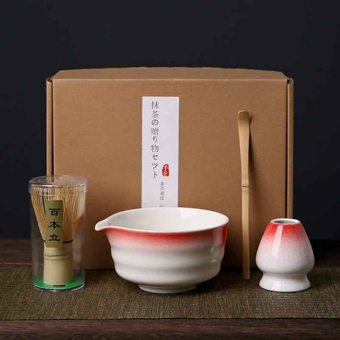 Darrahopens Furniture > Dining > Dining Set Red and white Complete Matcha Tea Ceremony Set - 4-Piece Japanese Traditional Whisk, Bowl, Whisk Holder & Scoop for Authentic Preparation at Home