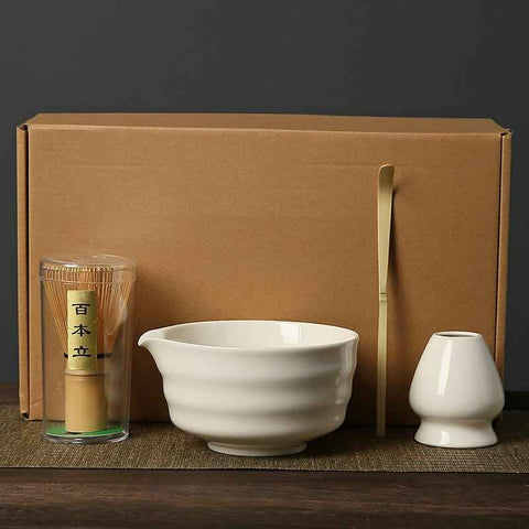 White Complete Matcha Tea Ceremony Set - 4-Piece Japanese Traditional Whisk, Bowl, Whisk Holder & Scoop for Authentic Preparation at Home