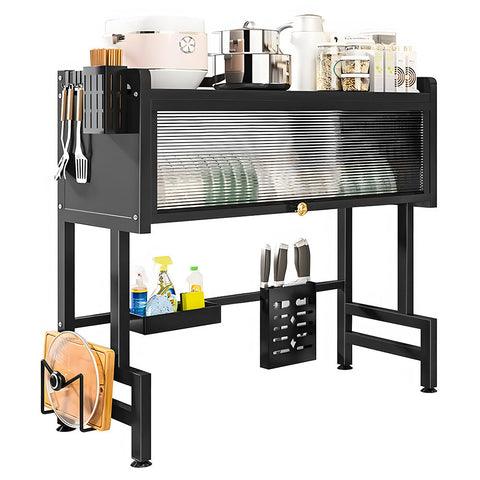 Darrahopens Furniture > Dining > Kitchen & Dining Chairs Over The Sink Dish Drying Rack Carbon Steel Dish Drainer Drying Rack 85cm Long Sink Caddy with Door and Multiple Utensils Holders Large Capacity