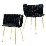 Darrahopens Furniture > Dining > Kitchen & Dining Chairs SERENITà Black Modern Hand Weaving Dining Chairs,Velvet Upholstered Side Chairs with Gold Legs, Chic Vanity Chairs with Armrest, Accent Chair for Dining Room, and Cafe Set of 2