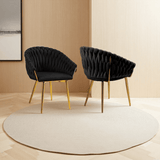 Darrahopens Furniture > Dining > Kitchen & Dining Chairs SERENITà Black Modern Velvet Dining Chairs, Upholstered Living Room Chair with Woven Back and Golden Metal Legs, Mid-Century Accent Set of 2