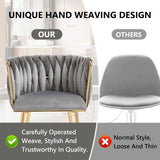 Darrahopens Furniture > Dining > Kitchen & Dining Chairs SERENITà Grey Modern Hand Weaving Dining Chairs,Velvet Upholstered Side Chairs with Gold Legs, Chic Vanity Chairs with Armrest, Accent Chair for Dining Room, and Cafe Set of 2