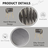 Darrahopens Furniture > Dining > Kitchen & Dining Chairs SERENITà Grey Modern Hand Weaving Dining Chairs,Velvet Upholstered Side Chairs with Gold Legs, Chic Vanity Chairs with Armrest, Accent Chair for Dining Room, and Cafe Set of 2