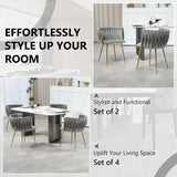 Darrahopens Furniture > Dining > Kitchen & Dining Chairs SERENITà Grey Modern Hand Weaving Dining Chairs,Velvet Upholstered Side Chairs with Gold Legs, Chic Vanity Chairs with Armrest, Accent Chair for Dining Room, and Cafe Set of 2