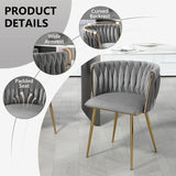 Darrahopens Furniture > Dining > Kitchen & Dining Chairs SERENITà Grey Modern Hand Weaving Dining Chairs,Velvet Upholstered Side Chairs with Gold Legs, Chic Vanity Chairs with Armrest, Accent Chair for Dining Room, and Cafe Set of 2