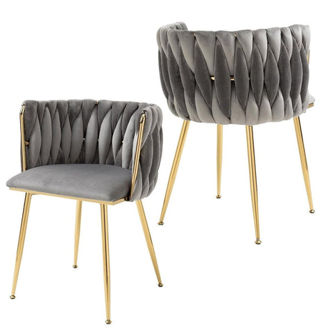 Darrahopens Furniture > Dining > Kitchen & Dining Chairs SERENITà Grey Modern Hand Weaving Dining Chairs,Velvet Upholstered Side Chairs with Gold Legs, Chic Vanity Chairs with Armrest, Accent Chair for Dining Room, and Cafe Set of 2