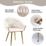 Darrahopens Furniture > Dining > Kitchen & Dining Chairs SERENITà Ivory Modern Velvet Dining Chairs, Upholstered Living Room Chair with Woven Back and Golden Metal Legs, Mid-Century Accent Set of 2