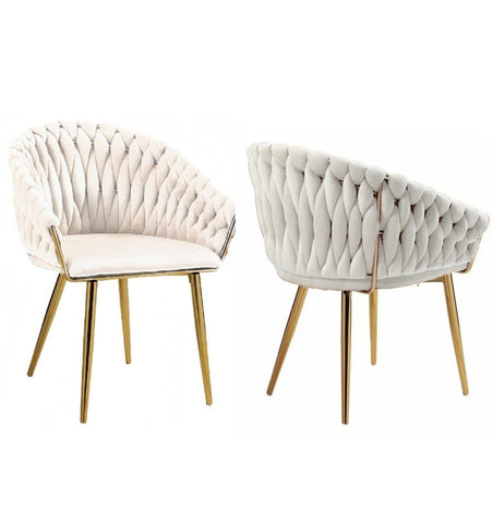 Darrahopens Furniture > Dining > Kitchen & Dining Chairs SERENITà Ivory Modern Velvet Dining Chairs, Upholstered Living Room Chair with Woven Back and Golden Metal Legs, Mid-Century Accent Set of 2