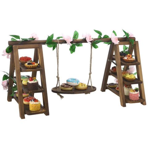 Darrahopens Furniture > Dining > Kitchen & Dining Chairs Wooden Multi-Tiered Dessert Stand with Swing and Flower Vine, A-Frame Foldable Wood Cake Serving Rack, 32" x 7.9" x 15.7" x 13.8" for Parties, Weddings, Buffets, Easy Assembly