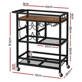 Darrahopens Furniture > Dining > Kitchen & Dining Trolleys Artiss Bar Cart Drinks Trolley Serving Wine Rack Glass Holder 3 Hooks 72cm Black