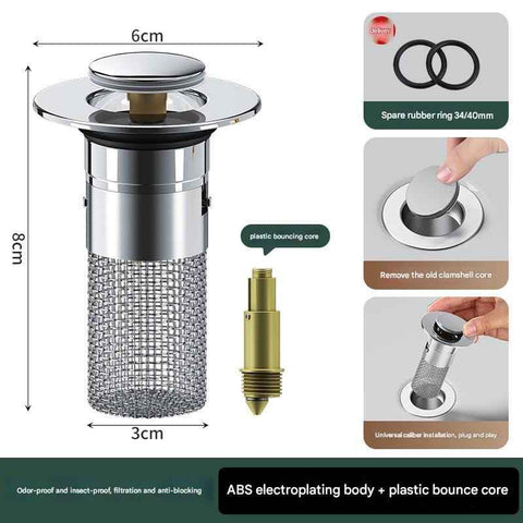 5 PCS Universal Pop-Up Sink Drain Stopper with Anti-Clog Filter Basket - Stainless Steel Hair Catcher & Anti-Odor Plug