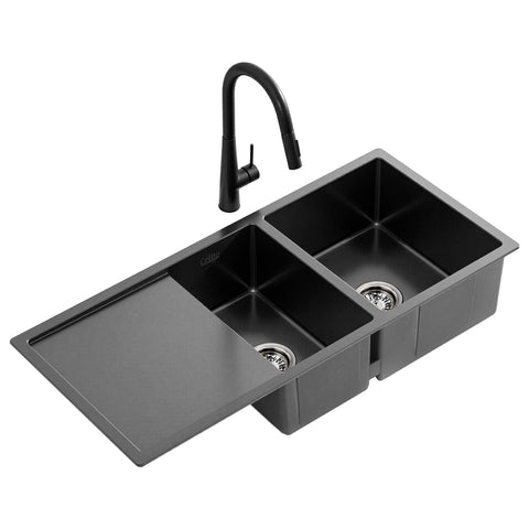 Darrahopens Furniture > Dining > Kitchen Sinks Cefito Stainless Steel Sink 100x45CM With Pull Out Mixer Tap Kitchen Basin Double Bowl Black
